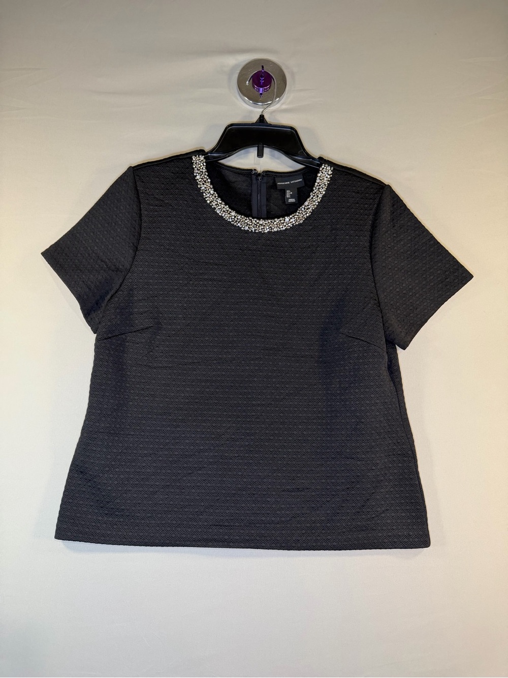 Adrienne Vittadini Black Short-Sleeve Top with Beaded Neckline